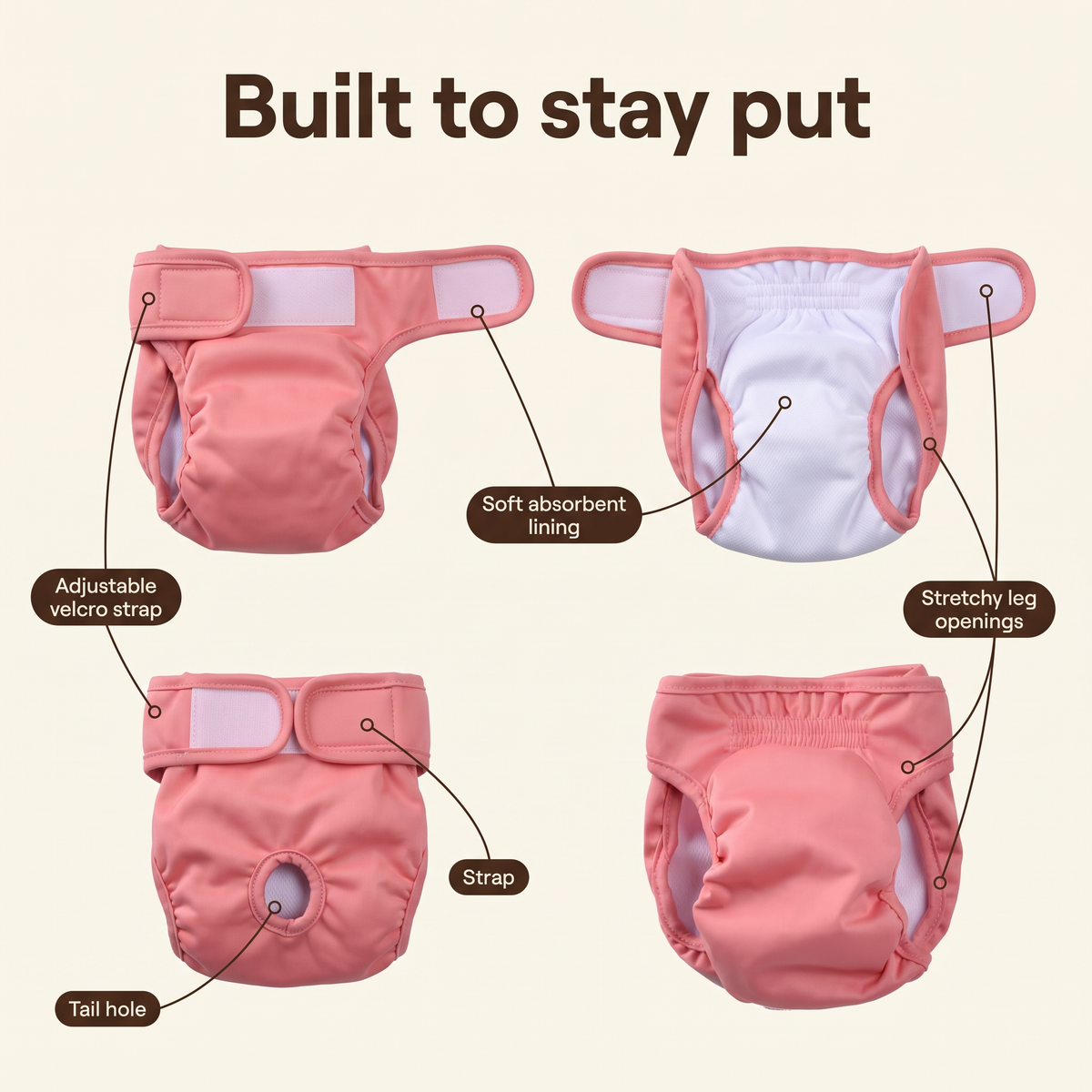 PeeCover anatomy: velcro strap, tail hole, soft lining