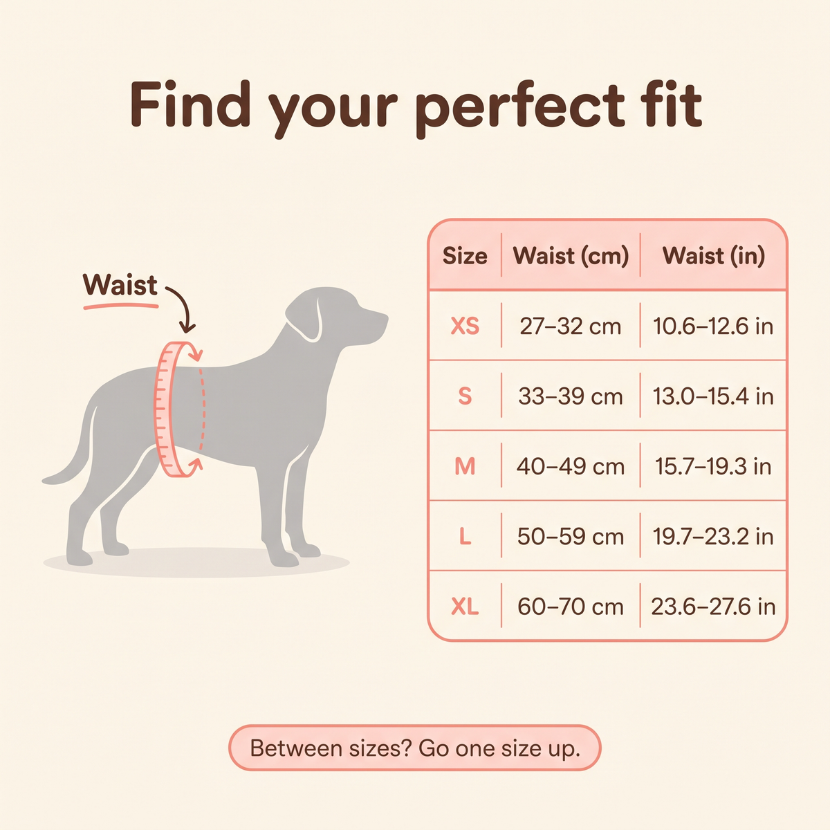 PeeCover size guide: XS to XL waist measurements