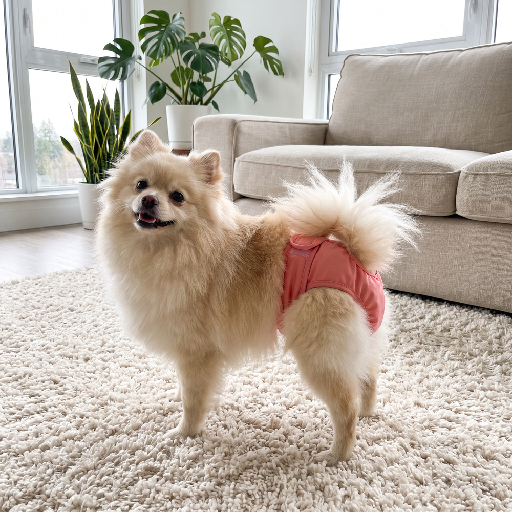 Pomeranian wearing pink NorAlert at home