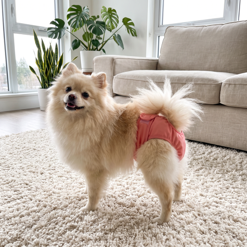 Pomeranian wearing pink PeeCover at home
